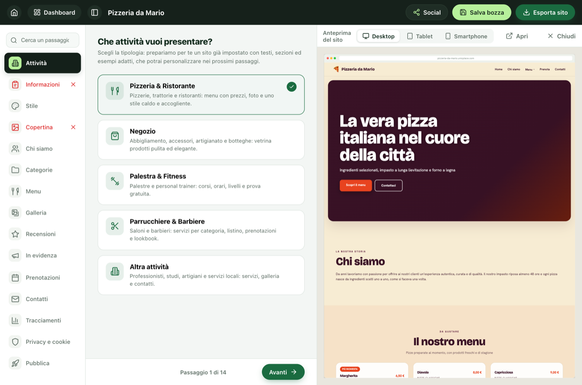 Editor del sito Unic Place con anteprima in tempo reale