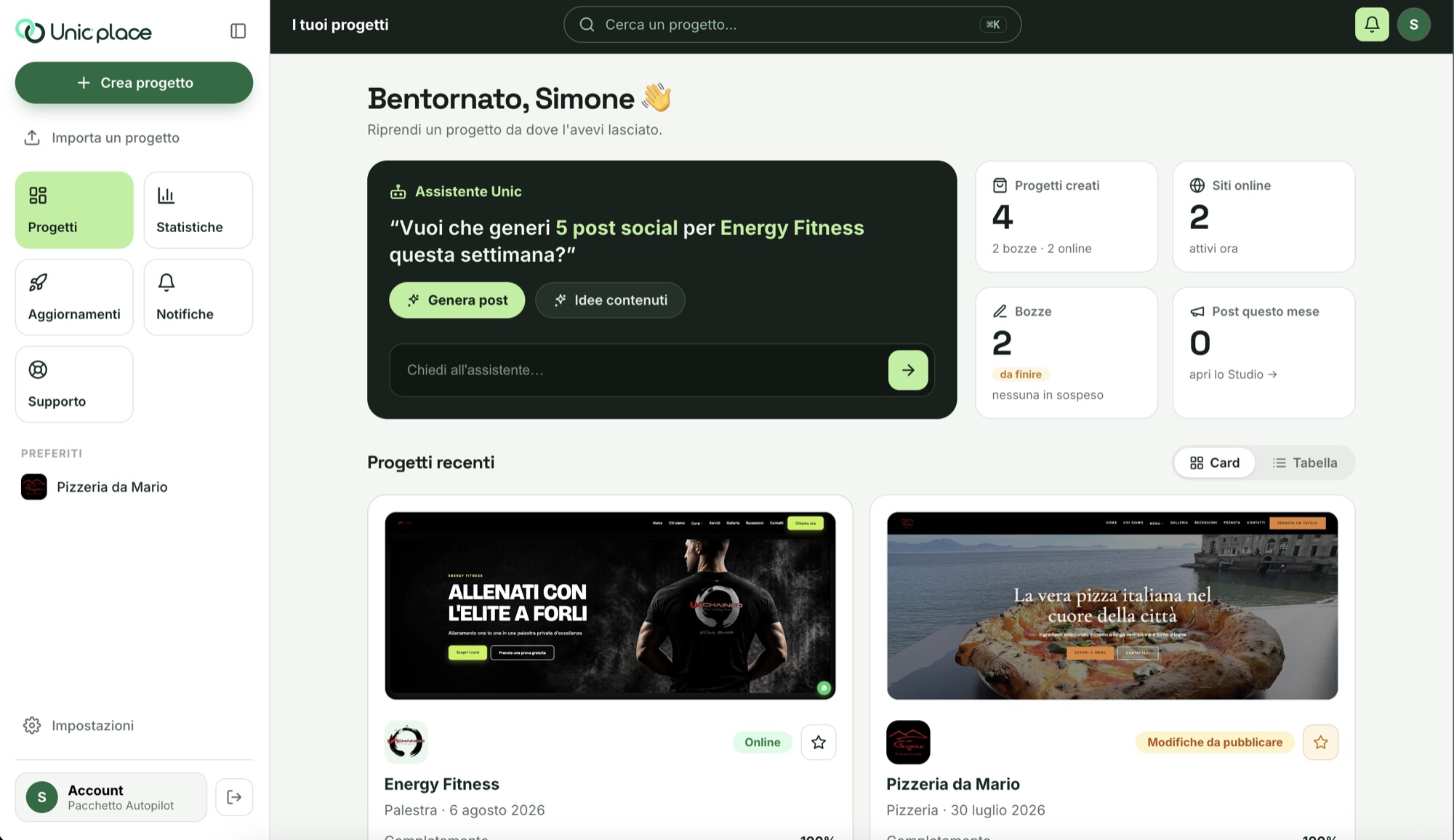 Dashboard reale di Unic Place con progetti, assistente e statistiche