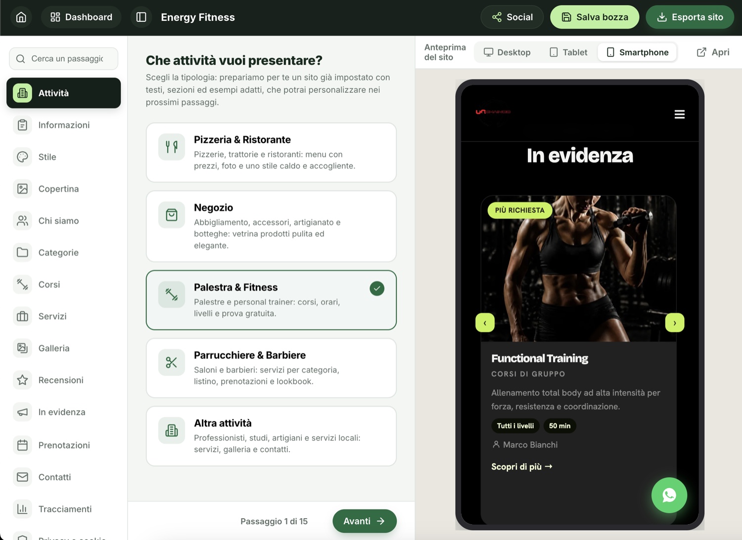 Scegli il tipo di attività: Unic Place prepara il sito con testi e sezioni adatti