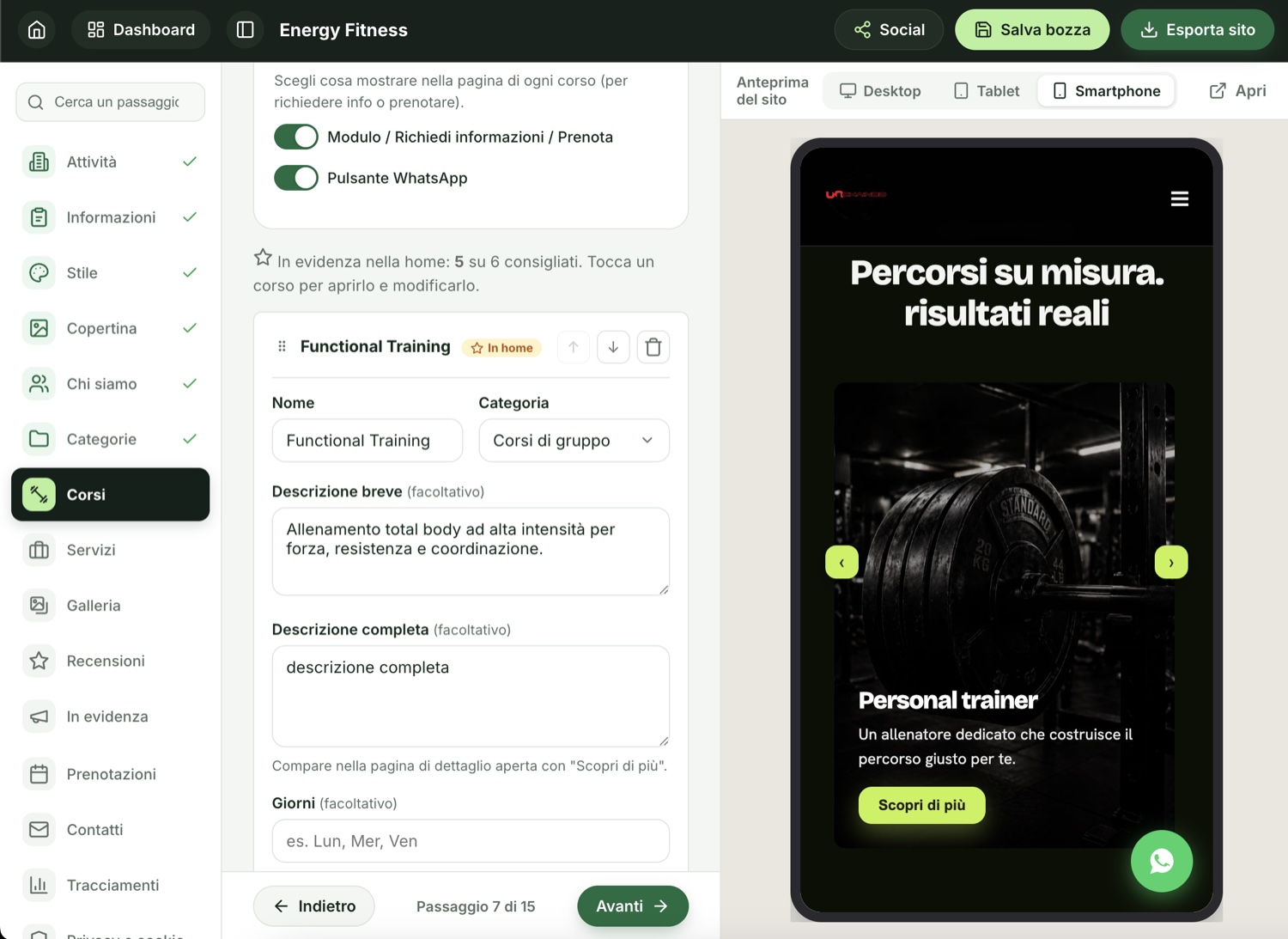 Personalizza corsi, servizi e contenuti e guarda l’anteprima aggiornarsi