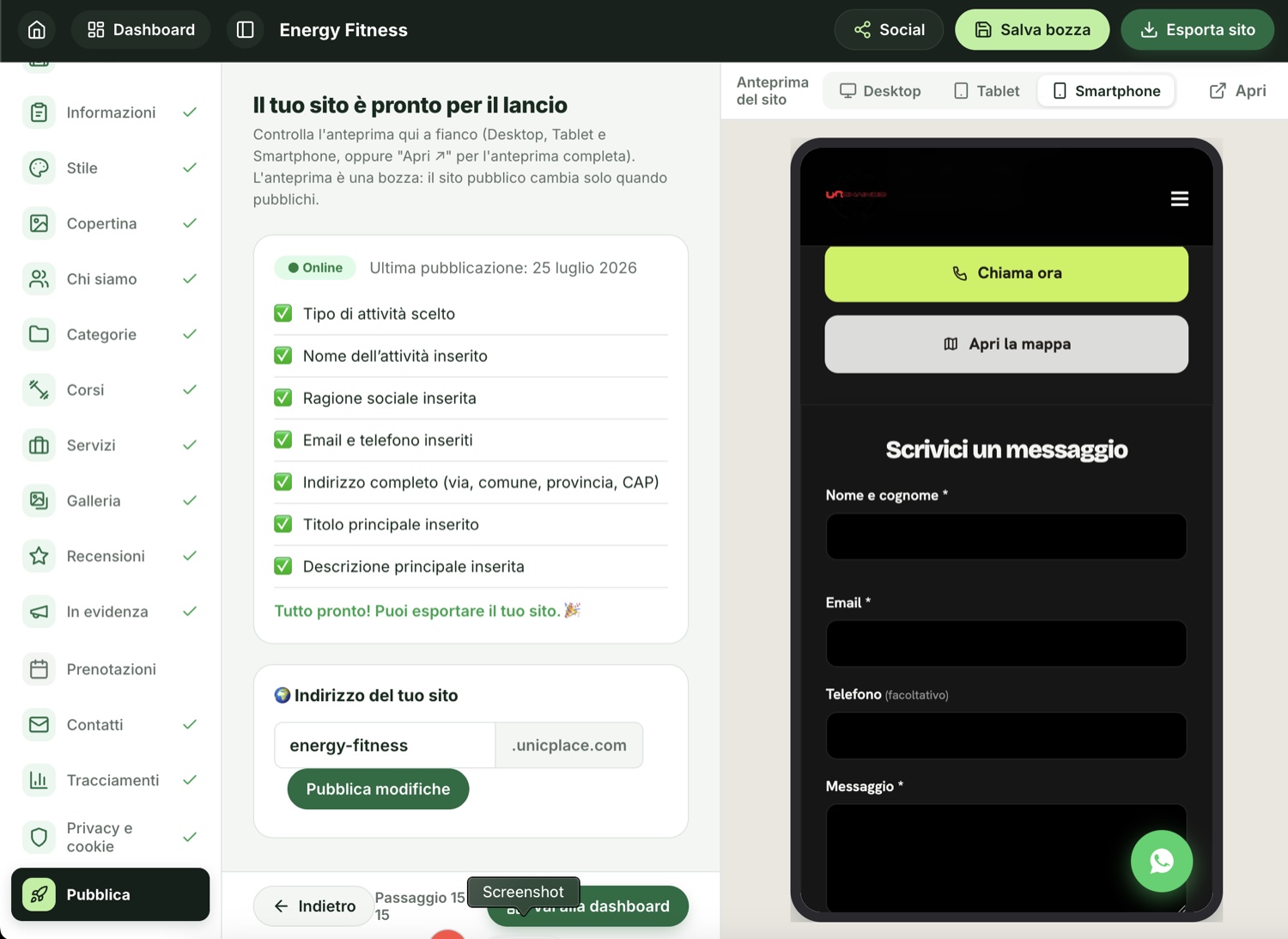 Pubblica il sito con un clic e inizia a ricevere richieste