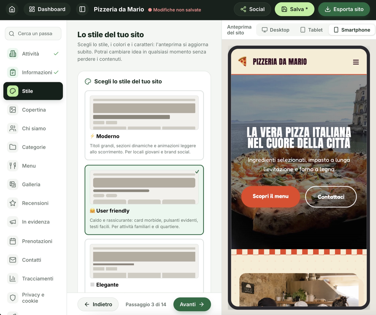 Editor reale di Unic Place per personalizzare il sito